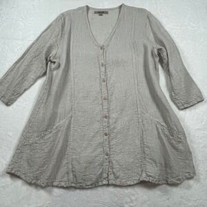 Flax‎ Womens 100% Linen Button Front Tunic Top Beige Oatmeal Lagenlook Pockets M